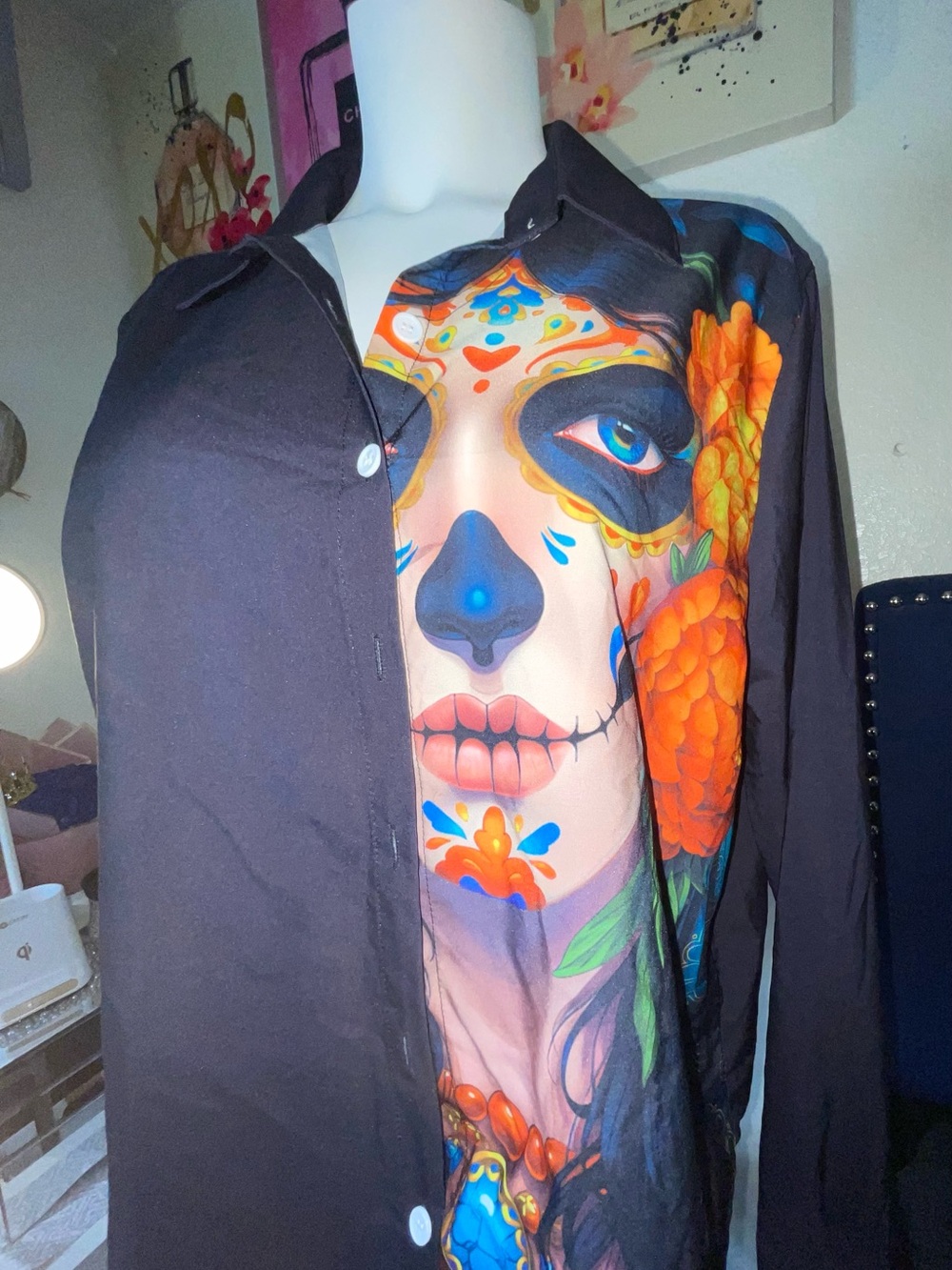 Black man and woman Button-Up Shirt with Colorful Sugar Skull Print